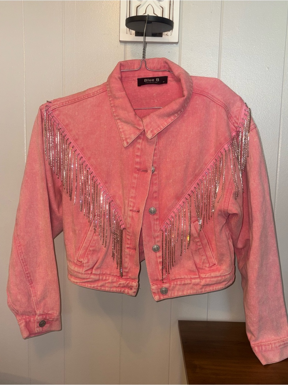 Blue B Pink Rhinestone Fringe Denim Jacket
